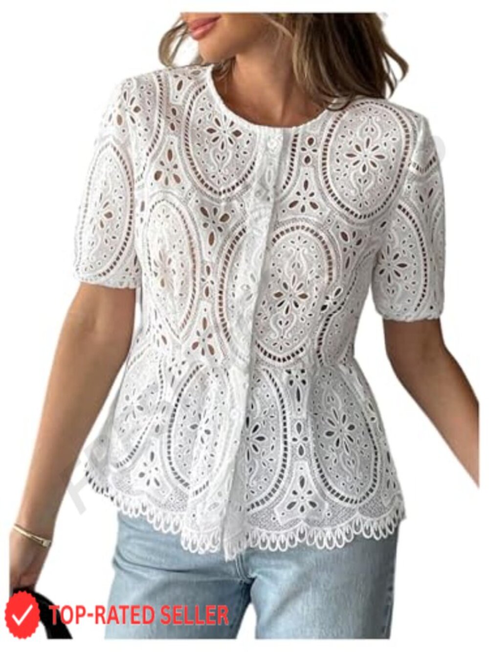 Women's Lace Peplum Blouse Button Down Eyelet Short Sleeve Dressy Top